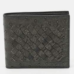Pre Owned Bottega Veneta Grey Intrecciato Ostrich Bifold Wallet