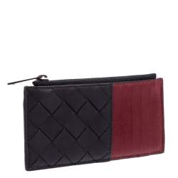 Pre Owned Bottega Veneta Navy Blue/Red Intrecciato Leather Zip Card Holder