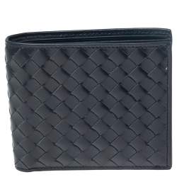 Pre Owned Bottega Veneta Navy Blue Intrecciato Leather Bifold Wallet