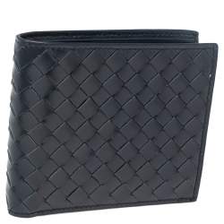 Pre Owned Bottega Veneta Navy Blue Intrecciato Leather Bifold Wallet