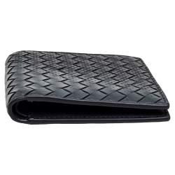 Pre Owned Bottega Veneta Black/Grey Intrecciato Leather Bifold Compact Wallet