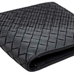 Pre Owned Bottega Veneta Black/Grey Intrecciato Leather Bifold Compact Wallet