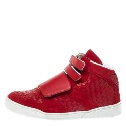 Bottega Veneta Red Intrecciato Leather and Suede Velcro Strap High Top Sneakers Size 42