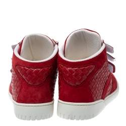Bottega Veneta Red Intrecciato Leather and Suede Velcro Strap High Top Sneakers Size 42