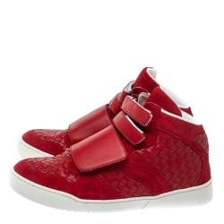 Bottega Veneta Red Intrecciato Leather and Suede Velcro Strap High Top Sneakers Size 44