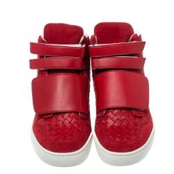 Bottega Veneta Red Intrecciato Leather and Suede Velcro Strap High Top Sneakers Size 44