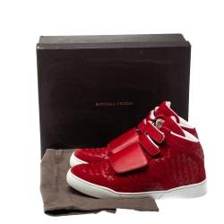 Bottega Veneta Red Intrecciato Leather and Suede Velcro Strap High Top Sneakers Size 44