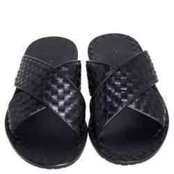 Pre Owned Bottega Veneta Black Intrecciato Leather Cross Strap Flat Slides Size 43