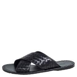 Pre Owned Bottega Veneta Black Intrecciato Leather Cross Strap Flat Slides Size 43