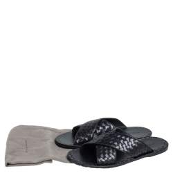 Pre Owned Bottega Veneta Black Intrecciato Leather Cross Strap Flat Slides Size 43