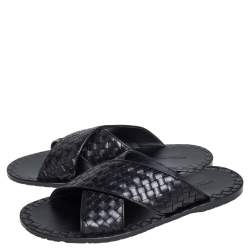 Pre Owned Bottega Veneta Black Intrecciato Leather Cross Strap Flat Slides Size 43