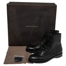 Pre Owned Bottega Veneta Black Leather Combat Ankle Boots Size 43