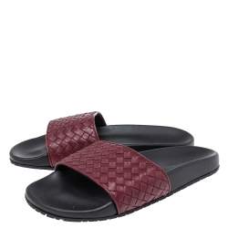 Pre Owned Bottega Veneta Burgundy Intrecciato Leather Flat Slides Size 40