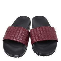 Pre Owned Bottega Veneta Burgundy Intrecciato Leather Flat Slides Size 40