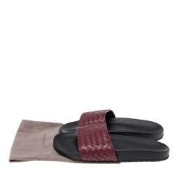 Pre Owned Bottega Veneta Burgundy Intrecciato Leather Flat Slides Size 40