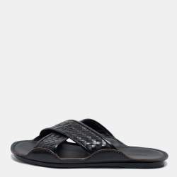 Bottega Veneta Black Intrecciato Leather Cross Strap Slides Size 45
