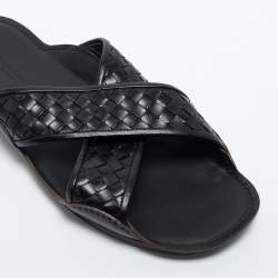 Bottega Veneta Black Intrecciato Leather Cross Strap Slides Size 45