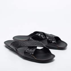 Bottega Veneta Black Intrecciato Leather Cross Strap Slides Size 45