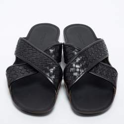 Bottega Veneta Black Intrecciato Leather Cross Strap Slides Size 45