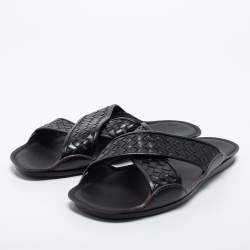 Bottega Veneta Black Intrecciato Leather Cross Strap Slides Size 45