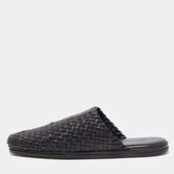 Pre Owned Bottega Veneta Black Intrecciato Leather Flat Mules Size 46