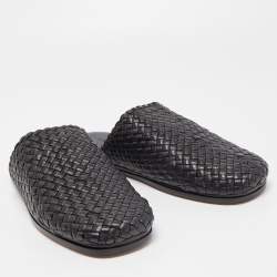 Pre Owned Bottega Veneta Black Intrecciato Leather Flat Mules Size 46