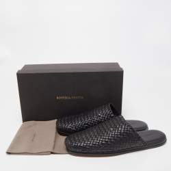 Pre Owned Bottega Veneta Black Intrecciato Leather Flat Mules Size 46