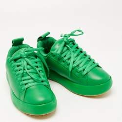 Pre Owned Bottega Veneta Green Leather Lace Up Sneakers Size 37