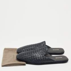 Bottega Veneta Navy Blue Intrecciato Leather Fiandra Mules Size 44