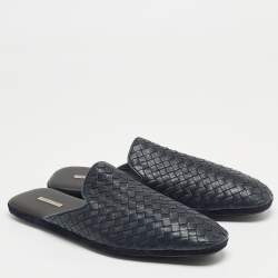 Bottega Veneta Navy Blue Intrecciato Leather Fiandra Mules Size 44