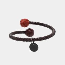 Pre Owned Bottega Veneta Interciatto Pulsera de Cuero Leather Gunmetal Tone Bracelet