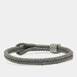 Pre Owned Bottega Veneta Grey Intrecciato Leather Sterling Silver Adjustable Bracelet