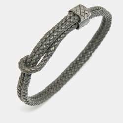 Pre Owned Bottega Veneta Grey Intrecciato Leather Sterling Silver Adjustable Bracelet