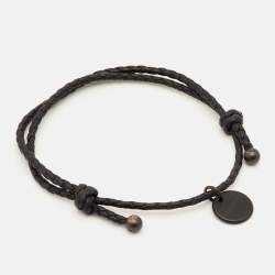 Pre Owned Bottega Veneta Braided Leather Gunmetal Tone Adjustable Bracelet