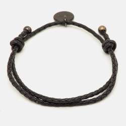 Pre Owned Bottega Veneta Braided Leather Gunmetal Tone Adjustable Bracelet