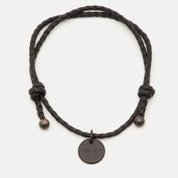 Pre Owned Bottega Veneta Braided Leather Gunmetal Tone Adjustable Bracelet