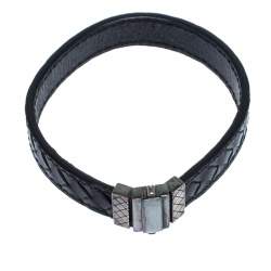 Bottega Veneta Black Intrecciato Woven Leather Sterling Silver Bracelet S