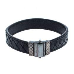 Bottega Veneta Black Intrecciato Woven Leather Sterling Silver Bracelet S