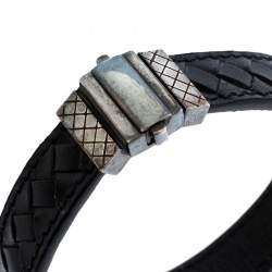 Bottega Veneta Black Intrecciato Woven Leather Sterling Silver Bracelet S