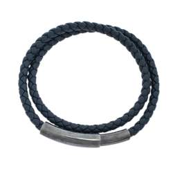 Bottega Veneta Blue Intrecciato Woven Leather Silver Double Wrap Bracelet 