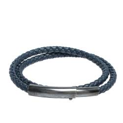 Bottega Veneta Blue Intrecciato Woven Leather Silver Double Wrap Bracelet 