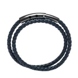 Bottega Veneta Blue Intrecciato Woven Leather Silver Double Wrap Bracelet 