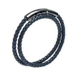 Bottega Veneta Blue Intrecciato Woven Leather Silver Double Wrap Bracelet 