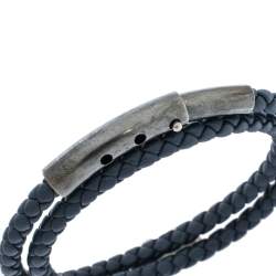 Bottega Veneta Blue Intrecciato Woven Leather Silver Double Wrap Bracelet 