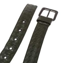 Bottega Veneta Dark Green Intreciatto Leather Buckle Belt 110CM
