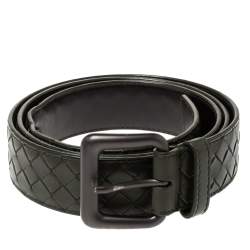 Bottega Veneta Dark Green Intreciatto Leather Buckle Belt 110CM