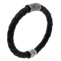 Pre Owned Bottega Veneta Black Woven Leather Silver Narrow Cuff Bracelet