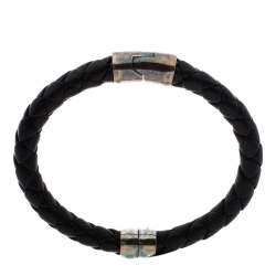Pre Owned Bottega Veneta Black Woven Leather Silver Narrow Cuff Bracelet