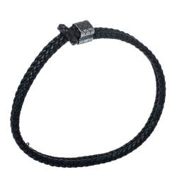 Pre Owned Bottega Veneta Black Double Intrecciato Leather Silver Adjustable Bracelet