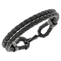 Pre Owned Bottega Veneta Grey Intrecciato Leather Sterling Silver Hook Bracelet S